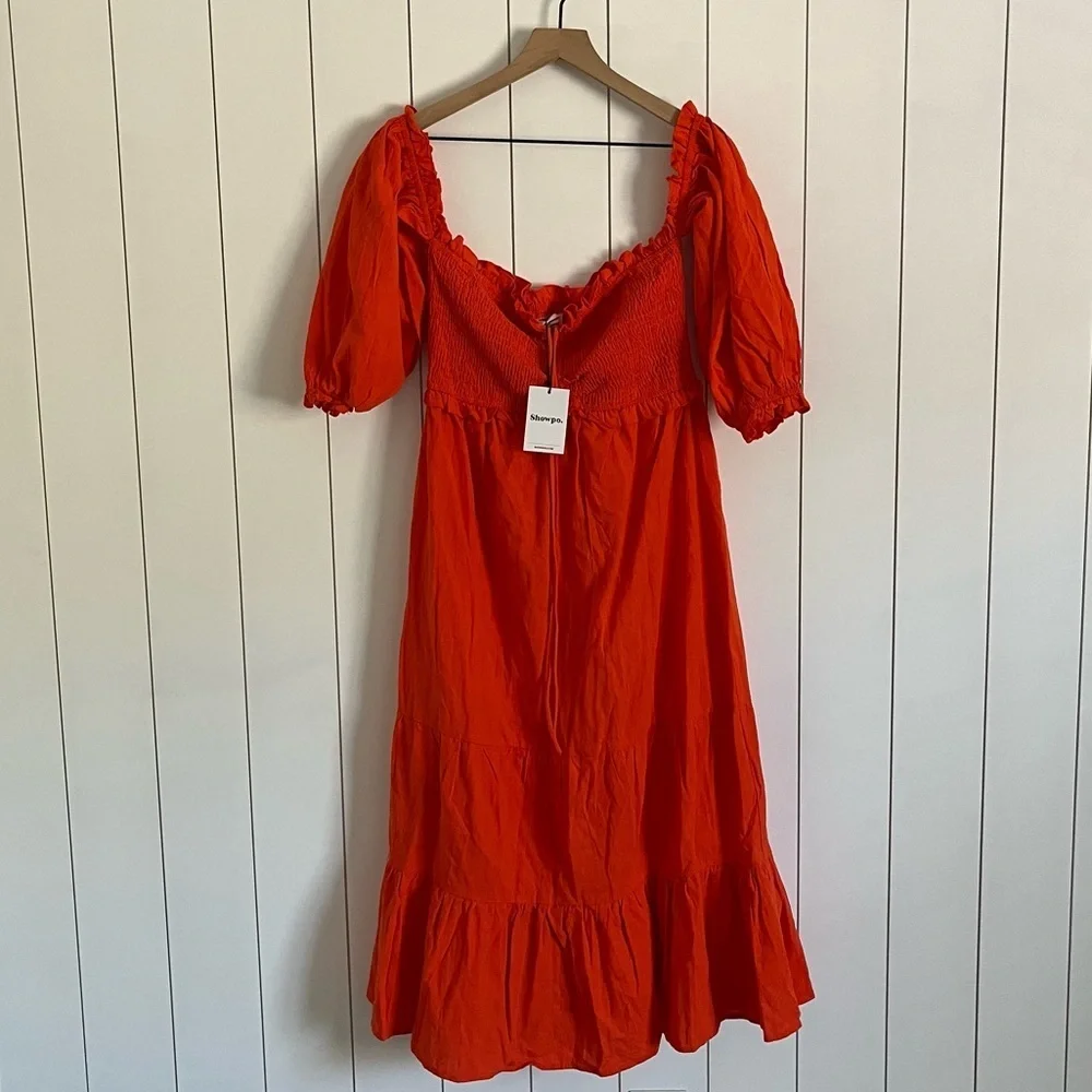 Showpo Nikka Shirred Off Shoulder Puff Sleeve Midi Dress - Picture 2 of 4